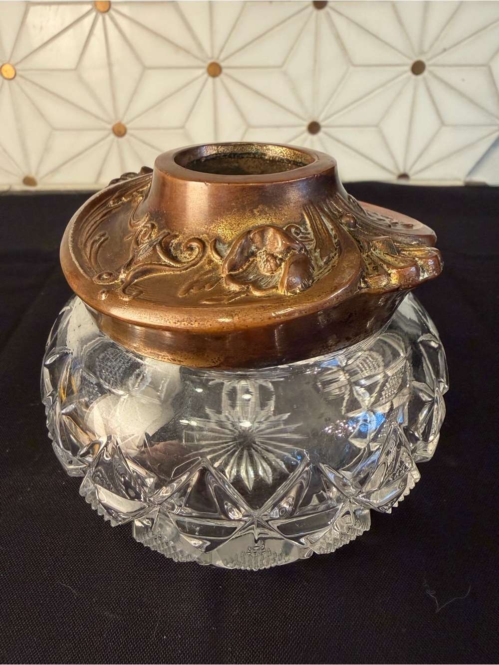 Antique Signed Heisey Hair Receiver Ornate Lid | Diamond H Cut Glass Vanity Jar